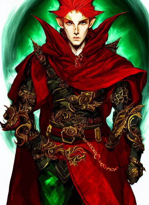 Image similar to Half body portrait of a handsome young red haired elven monk prince with dragon eyes, red, green and gold ornate robe. In style of Yoji Shinkawa and Hyung-tae Kim, trending on ArtStation, dark fantasy, great composition, concept art, highly detailed.