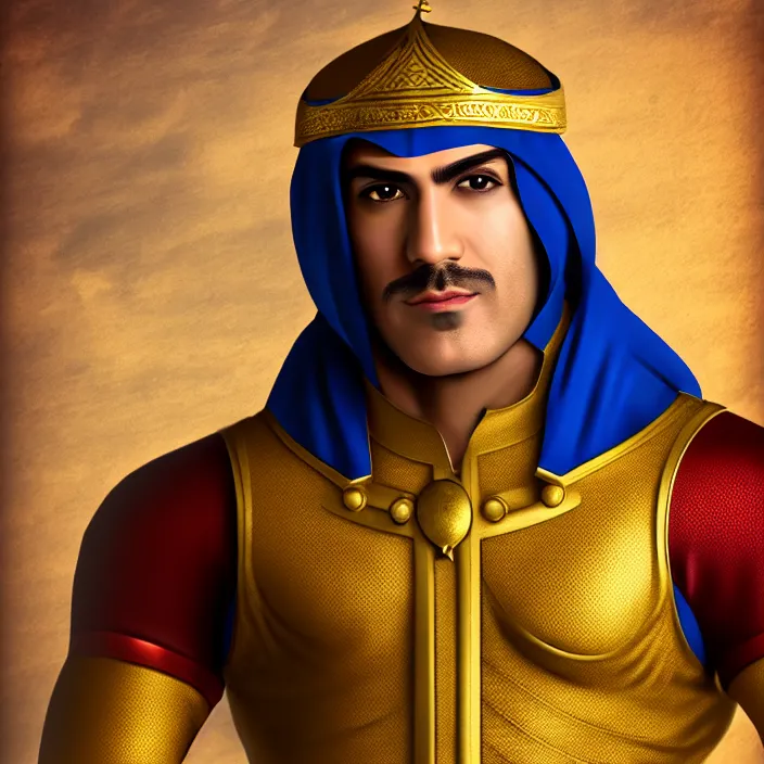 Prompt: portrait, captain falcon as sheik mohammad ruler of dubai, head and torso only, masterpiece, medieval arabia, sharp details,, hd, 4 k