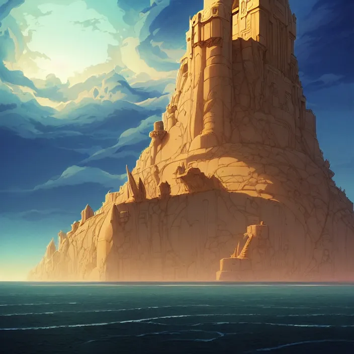 Image similar to style artgerm, joshua middleton, gerald brom, a giant brown stone castle in the desert, very long spires, sand swirling, detailed, ocean background setting, volumetric lighting