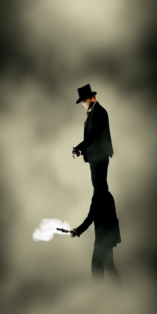 Image similar to mysterious man in black suit and black hat, he has a pistol, smoke, fog, mysterious, 4 k, highly detailed, digital art, strong shadows, high contrast, epic scene, atmospheric, blue colours, old photograph