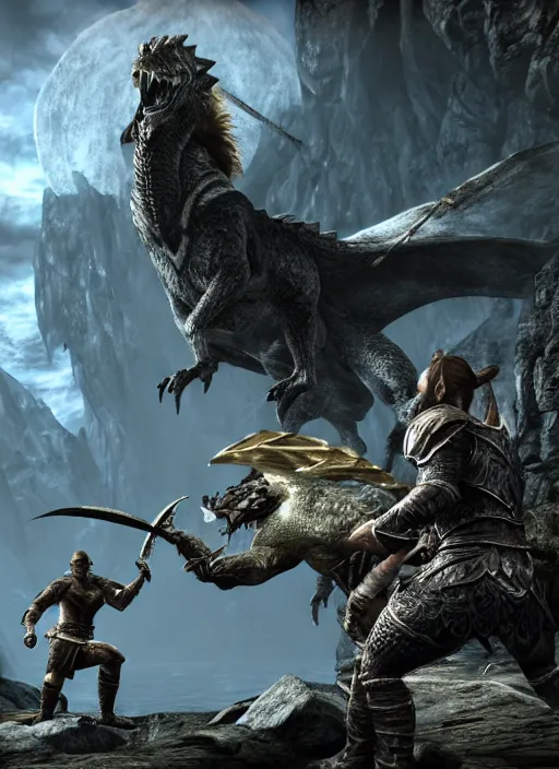 Prompt: the elder scrolls skyrim, hyperrealistic photograph, dovahkiin fighting a dragon, magic spells. 8k