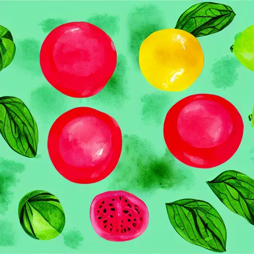 Image similar to retro, hd illustration of watermelons, big yellow lemons, mint leaves, ice cubes, inspired by watercolor masterpieces, matisse, malevich, david hockney, colorful, happy, trending on artstation, 4 k