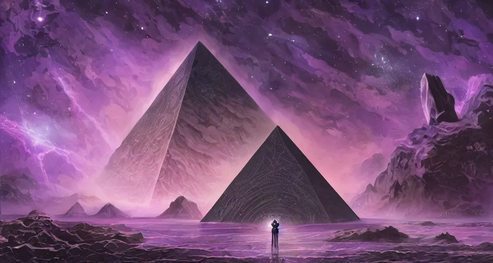 Image similar to black lovecraftian eldritch!! obsidian pyramid!! with a man standing on top of it on calm seas, cosmic purple space!, bright stars, nebula, sky background by eugene von guerard, ivan shishkin, night, cosmic brightly purple space stars, concept art, trending on artstation, 8 k