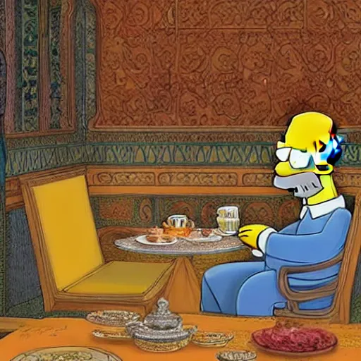 Image similar to Homer Simpson drinking tea in a Kurdish tea house, intricate, elegant, highly detailed, digital painting, artstation, concept art, matte, sharp focus, illustration, art by Artgerm and Greg Rutkowski and Enki Bilal