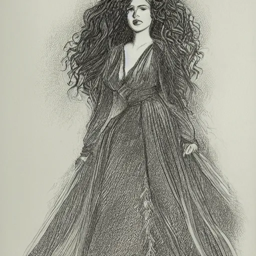 Image similar to a black and white drawing of a woman with long curly hair using a dress