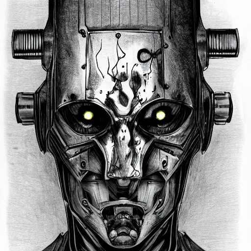 Image similar to a scary horror themed cyborg, drawn with charcoal and pen and ink, half-tone-line-stacking