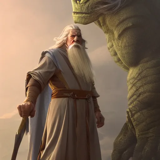 Image similar to film still of gandalf starring as the hulk, made by stanley artgerm lau, wlop, rossdraws, artstation, cgsociety, concept art, cgsociety, octane render, trending on artstation, artstationhd, artstationhq, unreal engine, 4 k, 8 k