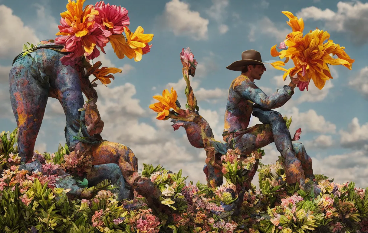 Image similar to a cowboy turning into blooms. tropical sea slugs, tractor tires. complementary colors. national geographic. 8 k, rendered in octane, smooth gradients. sculpture by antonio canova