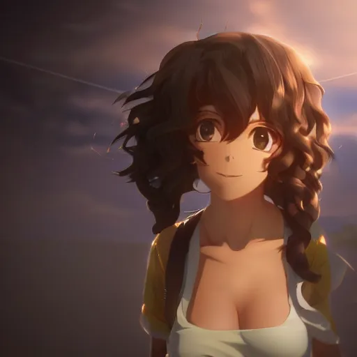 Image similar to a beautiful 3d brown anime girl, brown skin, black curly hair, Cinematic lighting, medium shot, in a anime masterpiece, highly detailed, artstation, unreal engine 4k, Cinematic wallpaper