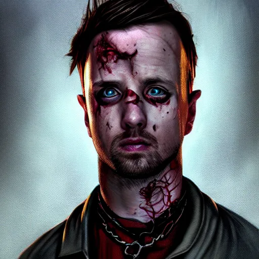 Image similar to Jesse Pinkman, zombie killer, portrait, fantasy, beautiful face, medieval, vivid colors, elegant, concept art, sharp focus, digital art, Hyper-realistic, 4K, Unreal Engine, Highly Detailed, HD, Dramatic Lighting by Brom, trending on Artstation