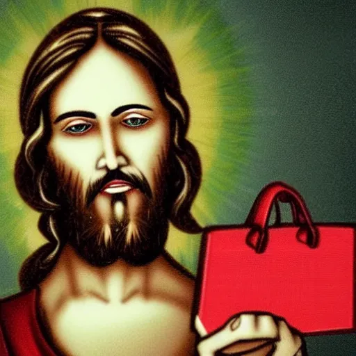 Image similar to jesus holding a bag of weed, happy, red eyes