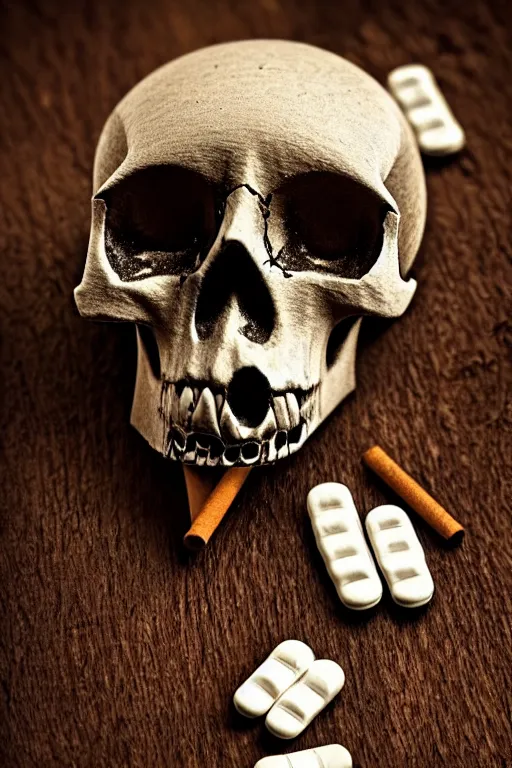 Image similar to pile Off pills, drugs, cigarrette boxes and a skull on a wooden table, skull made out of smoke coming out of pills, fantasy, intricate, elegant, highly detailed, digital painting, artstation, concept art, addiction, chains, smooth, sharp focus, illustration, art by Ilja Repin