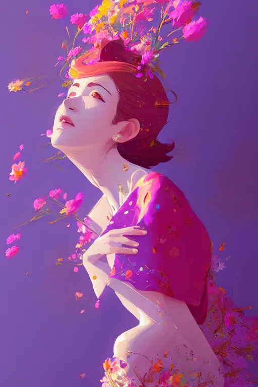 Image similar to elegant, beautiful woman in colourful clothing, ultrafine illustrated, ultradetailed flowery environment, by conrat roset, makoto shinkai, craig mullins, alphonse murac, detailed artwork, extremely detailed and high quality, global illumination, octane render, digital art trending on artstation