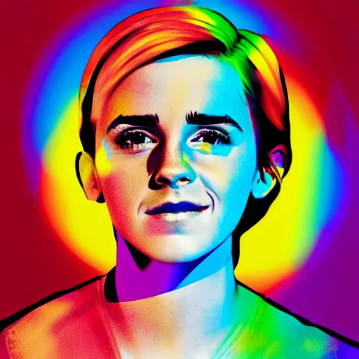 Prompt: rainbow smiling emma watson as hermione. pop art.