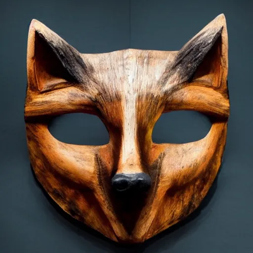 Image similar to Vulpine God of Trickery; An enormous fox with ancient glowing runes on its body and wearing a mask of wood resembling a fox's face