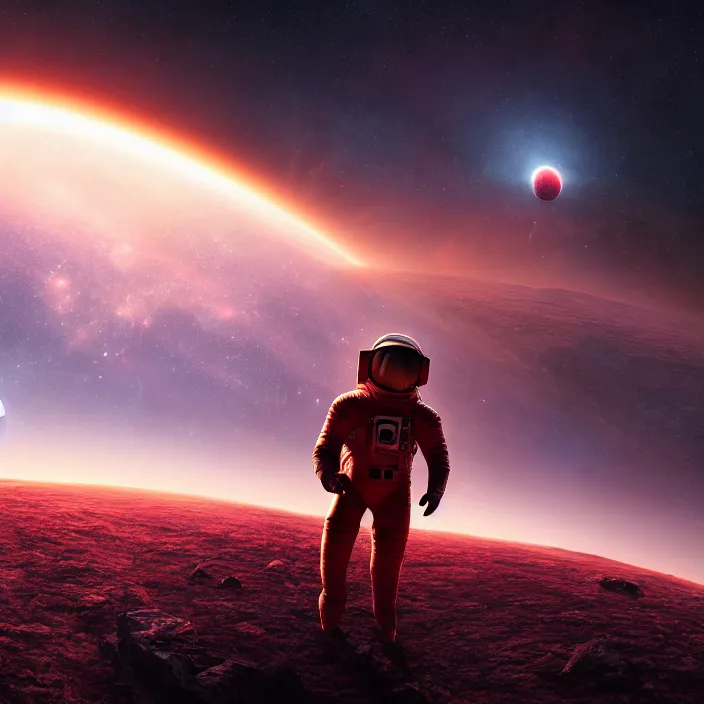 Image similar to a astronaut walking on a alien planet with a red giant galaxy appearing in the sky, digital art, concept art, trending on DeviantArt, highly detailed, high quality, 8K HDR, cinematic lighting, breathtaking image