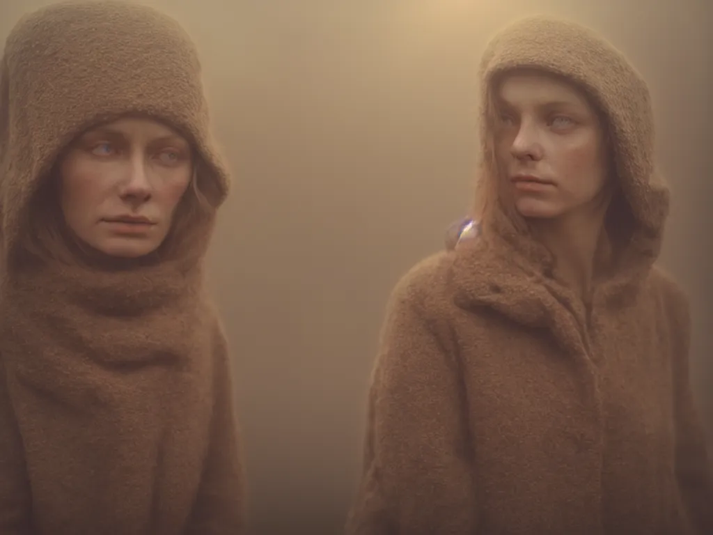 Image similar to close up portrait bust of woman, solemn expression, faded color film, russian cinema, tarkovsky, kodachrome, heavy forest, wood cabin in distance, deep depth of field, long brown hair, old clothing, heavy fog, atmospheric haze, brown color palette, sunset, low light, hudson river school, 4 k, dramatic lighting