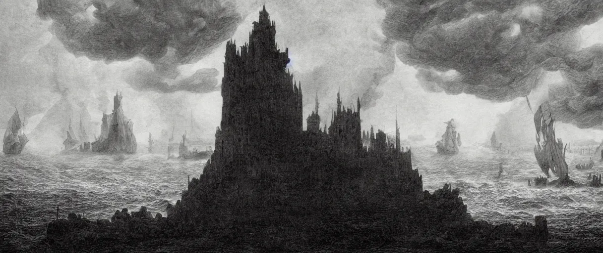 Image similar to an engraving portrait of dagon, caspar david friedrich, foggy, depth, strong shadows, stormclouds, illuminated focal point, highly detailed