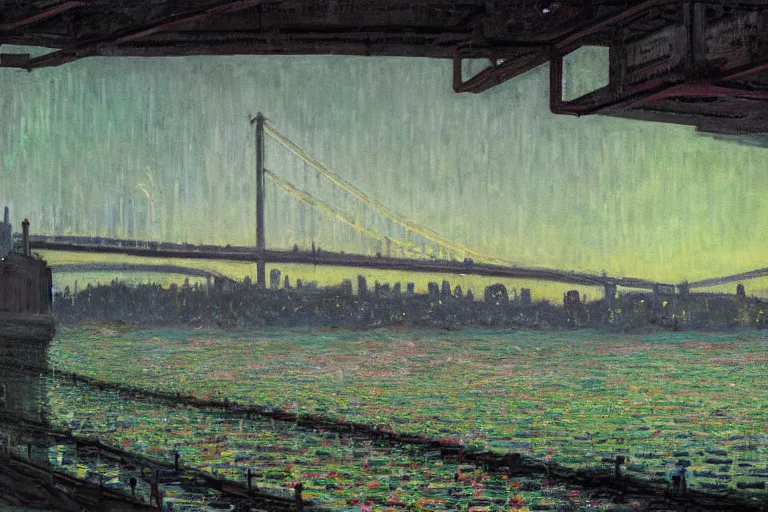 Prompt: Lisbon in 2287, cyberpunk, bridge, dark academia, by Simon Stålenhag and Claude Monet, oil on canvas