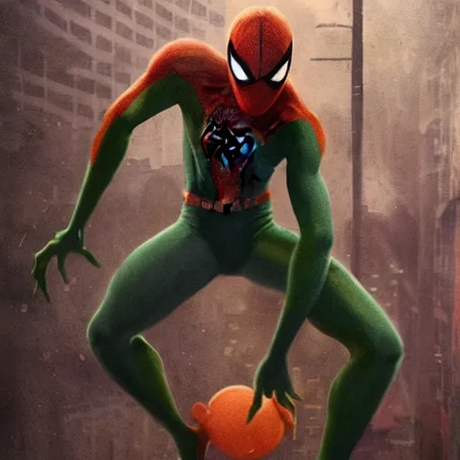 Prompt: moody atmospheric render of an orange and green spiderman by greg rutkowski and marc silvestri made with unreal engine