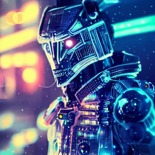 Image similar to portrait of cyber wolf, machine, cyberpunk, android, robot, mechanical parts, editorial photography, neons, blade runner, futuristic style, realistic bokeh and depth of field, award winning, establishing shot