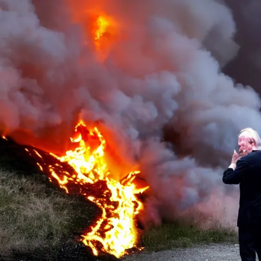 Image similar to a high quality photograph of europe burning in fire while olli rehn shouts in pain and tears his hair