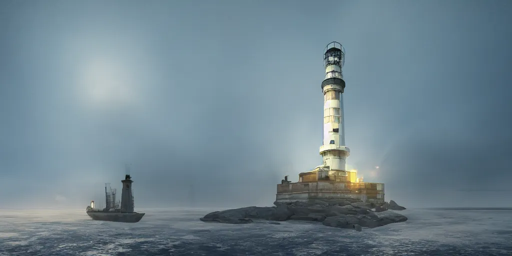 Prompt: epic huge soviet lighthouse in arctic, no frame, foggy, volumetric lighting, epic blue glow, by greg rutkowsky, shishkin and aivazovsky