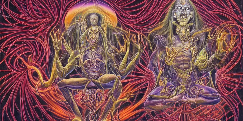 Prompt: drawing inspiration from sri lankan demonology, divine disease is an artistic representation of the malefic deity whose presence is responsible for the cause of epidemics and infectious diseases, concept art, biomechanical, realistic oil painting by alex grey