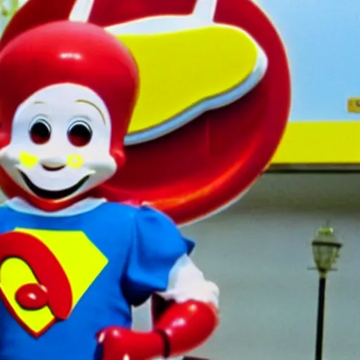 Image similar to A 1980s movie still of Jollibee as a supervillain