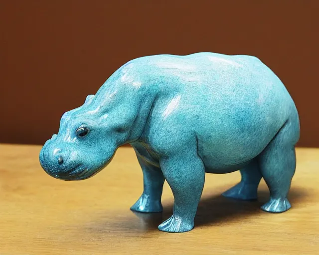 Image similar to small hippopotamus sculpture on a desk with bottom part and legs made out of wood and back and top part out of blue epoxy resin, side view centered