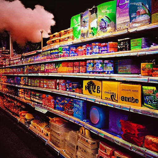 Image similar to dreamlike film photography of a well stocked supermarket shelves at night underwater in front of colourful underwater clouds by Kim Keever. In the foreground floats a seasnake. low shutter speed, 35mm