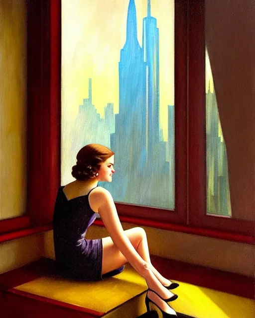 Prompt: oil painting of jenna coleman in 1 9 3 0 s manhattan penthouse evening rainy window, deco skyscrapers faintly visible outside, lights coming on, oil painting by alexis flower, vargas, manara, mucha, enoch bolles, shaun tan, edward hopper, artgerm, wlop glossy skin, pearlescent, sultry, iconic