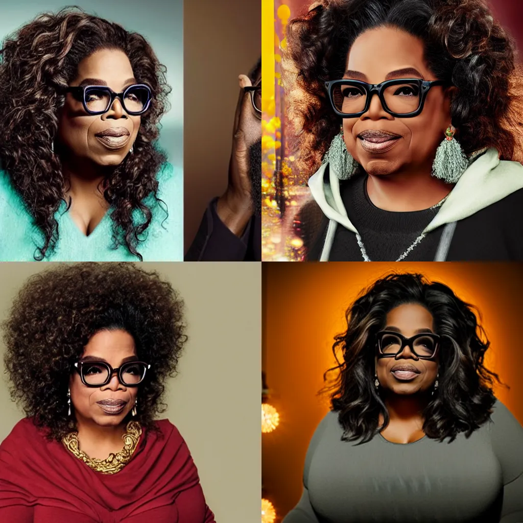 Prompt: Oprah with snoop doggs hair, glasses and moustache, intricate, highly detailed, beautiful lighting, light fog, 8k