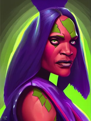 Image similar to gamora from guardians of the galaxy played by zoe saldana, portrait, digital painting, elegant, beautiful, highly detailed, artstation, concept art