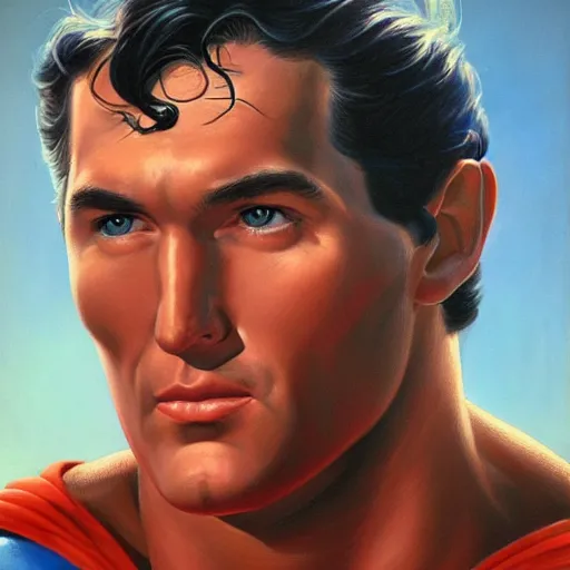 Image similar to ultra - realistic head and shoulders portrait painting of superman. art by ken kelly. 4 k. ultra - realistic. highly detailed. epic lighting