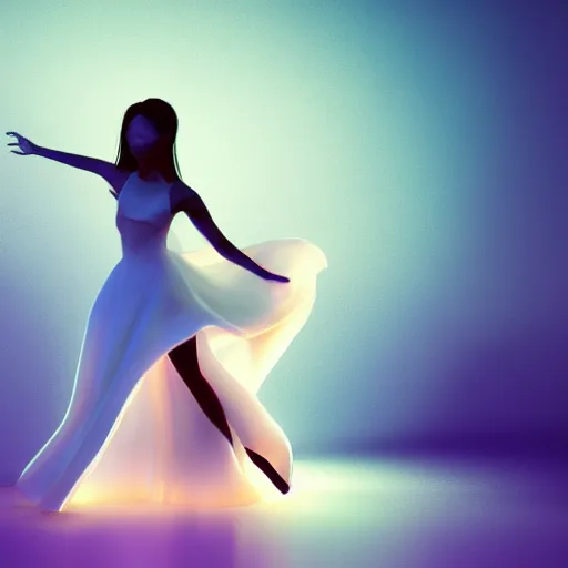 Image similar to A very detailed digital art rendering and concept design of a beautiful young ethereal woman beautifully positioned and dancing in volumetric lighting, three dimensions, a digitally transformed environment, user interface design, 3D modeling, illustration, and transportation design
