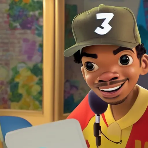 Image similar to a tv still of Chance The Rapper starring in a 2006 Pixar Animated movie