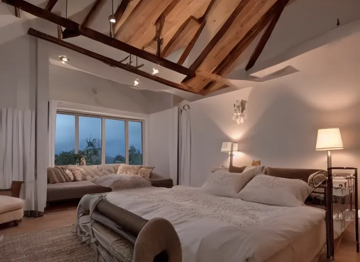 Prompt: night time bedroom with exposed beam ceilings, warm lighting, low lighting, hazy, cozy