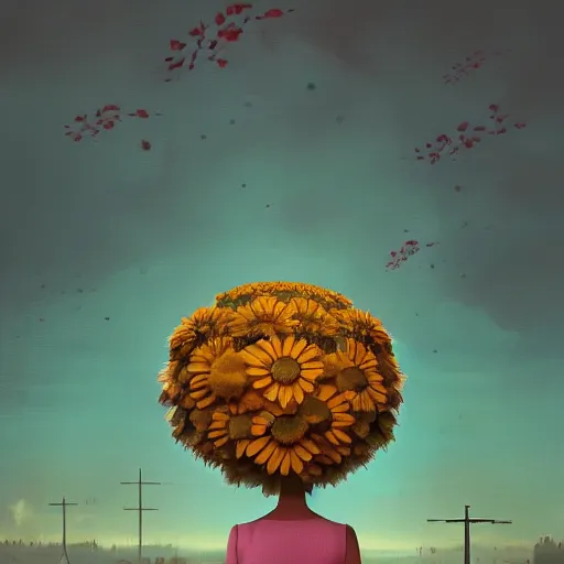 Image similar to giant daisy flower as a head, frontal, a girl in a suit, surreal photography, sunrise, dramatic light, impressionist painting, digital painting, artstation, simon stalenhag