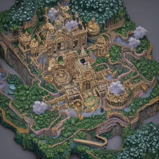 Image similar to intricate baroque kawaii cartography map of a fantasy world : : terrain cartography, fantasy aesthetic, autodesk 3 d rendering, v - ray collection, maverick studio, arnold 3 d render, blender render, indigo renderer, redshift render, enscape render, maxwell render, luxcorerender, renderman, lumion render, marmoset render