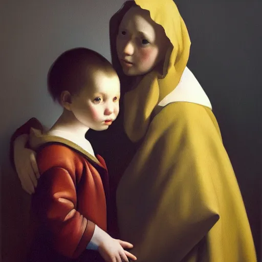 Image similar to pure love is patient love is kind, mother and child ; photorealistic oil painting by johannes vermeer ; highly detailed cute faces by wlop ; trending on artstation ; 8 k high resolution, symmetrical, cinematic, high coherence, golden ratio, rule of thirds, perfectly centered ; anatomically correct faces