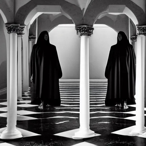 Image similar to nightmare vision, medium depth of field. black and white, award winning photo of smiling levitating twin nuns, wearing translucent sheet, Mary in a sanctuary, mirror hallways, eerie, tall columns, faces emerging from columns, frightening —width 1024 —height 1024