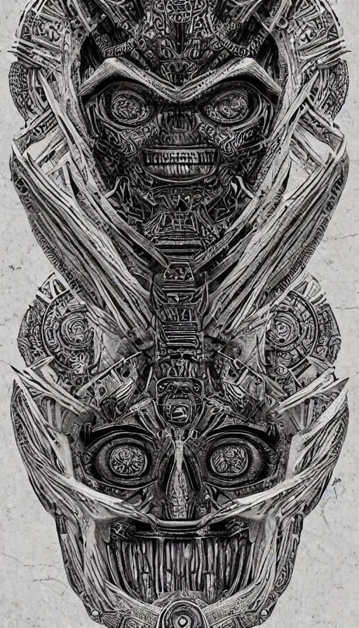 Image similar to ancient interstellar hybrid aztec fantasy beautiful alien symmetrical human face skull mask tattoo pattern concept, teonanacatl glyph, intricate artwork by, Johnatan Wayshak, Zdizslaw Beksinski, face by Artgerm, H.R. Giger, very coherent artwork, cinematic, hyper realism, high detail, octane render, unreal engine, 8k, High contrast, higly detailed black ink outline, crosshatch sketch gradient