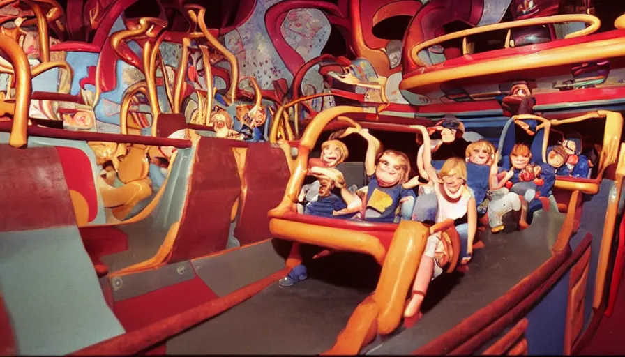 Prompt: 1990s photo of inside the Ren & Stimpy ride at Universal Studios in Orlando, Florida, children riding through the space ship episode with Log and soap , cinematic, UHD