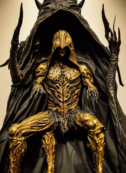 Image similar to photo taken of an epic intricate, ultra detailed, super realistic sculpture of a hooded satanic figure sitting on a nightmarish throne, sculpture on display, created by weta workshop, photorealistic, sharp focus, f 0. 4, face centred, golden ratio