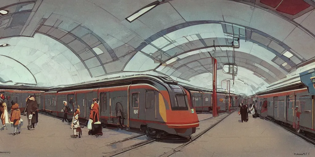 Image similar to soviet ussr retrofuturistic train station by syd mead, ralph mcquarrie, washed colours