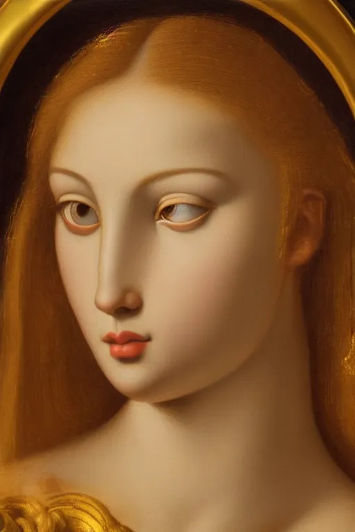 Image similar to Beautiful girl, calm face, closeup, ultra detailed, made in gold, Guido Reni style