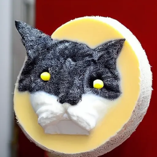 Image similar to Cat made out of cheese. The fur texture is swiss cheese. Droopy molten Camembert. Meow.