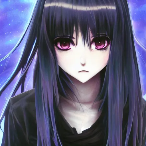 Image similar to 1 7 - year - old anime goth girl, black hair, long bob cut, long bangs, gothic coat, long bangs, standing on cliff along the irish coast, overcast gray skies, ultra - realistic, sharp details, cold lighting, blue and gray colors, intricate details, subsurface scattering, hd anime, 2 0 1 9 anime