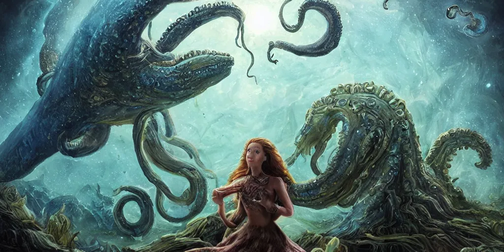 Prompt: A fantasy fairytale story telling style portrait painting, encephalopod, cephalopod kaiju & Cthulhu Squid attack, Great Leviathan Turtle, Mythic Island at the center of the Universe, accompanying hybrid, Cory Chase, Blake Lively, Anya_Taylor-Joy, Grace Moretz, Halle Berry, Mystical Valkyrie, Anubis-Reptilian, Atlantean Warrior, intense smoldering, soul penetrating invasive eyes. fantasy atmospheric lighting, digital painting, hyperrealistic, François Boucher, Oil Painting, Cozy, hot springs hidden Cave, candlelight, natural light, lush plants and flowers, smooth cave rock, visually crisp & clear, Volumetric Golden dappled dynamic lighting, Regal, Refined, elegant, Spectacular Rocky Mountains, bright clouds, luminous stellar sky, outer worlds, cognitive Coherence cohesion character illustration, photorealistic, Vivarium, Theophanic atmosphere, michael whelan, William-Adolphe Bouguereau, Michael Cheval, Crisp clear hd resolution, Digital Art, RPG portrait, Steampunk, hyperdetailed, artstation, cgsociety, Highly Detailed, Cinematic Lighting, HD resolution, unreal 5, DAZ, hyperreality, octane render, Unreal Engine, 8k, HD, render to resolute perfection